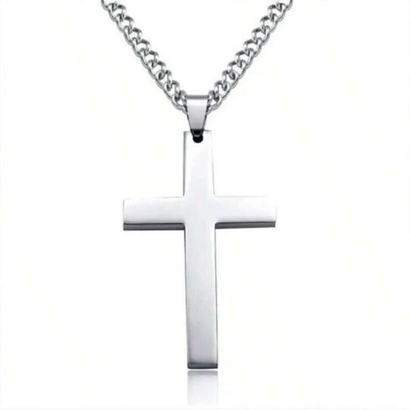SILVER CHRISTIAN STAINLESS STEEL CROSS PENDANTS NECKLACE. *NEW* - Picture 2 of 4